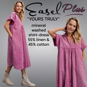 EASEL “Yours Truly” Mineral Washed Linen & Cotton Button Front Long Shirt Dress